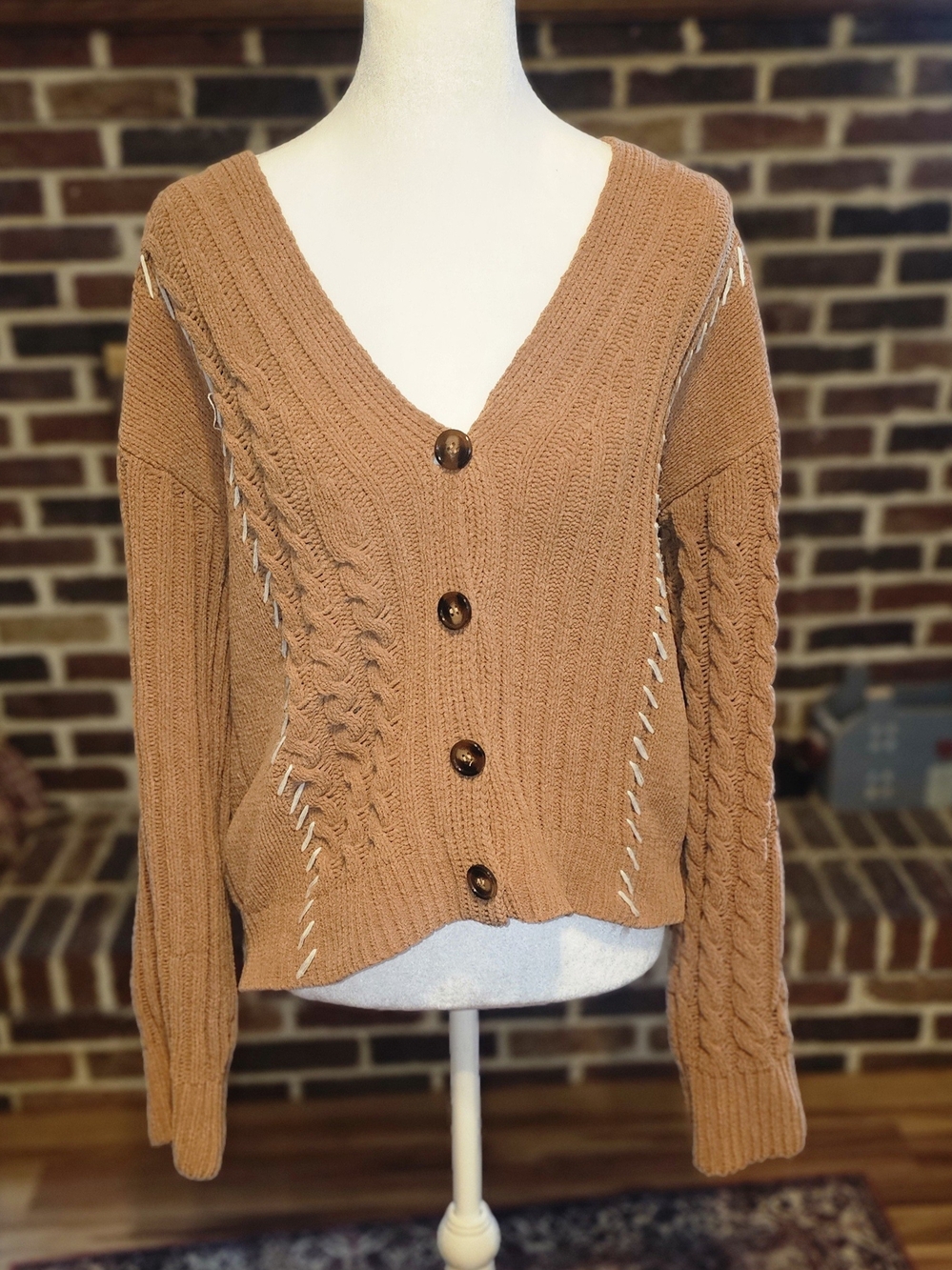 Forever 21 Camel Cable Knit Button-Front Cardigan